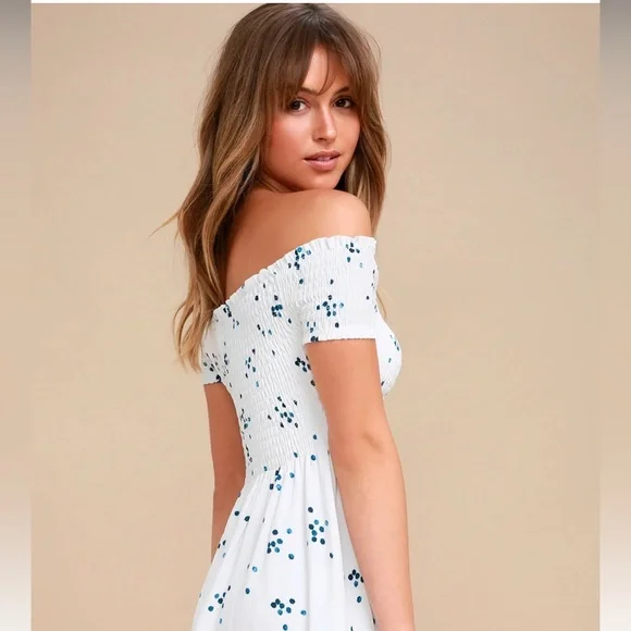 blue polka dot off the shoulder dress One-Shoulder Maxi Dress in Blue Polka Dot Print - 10